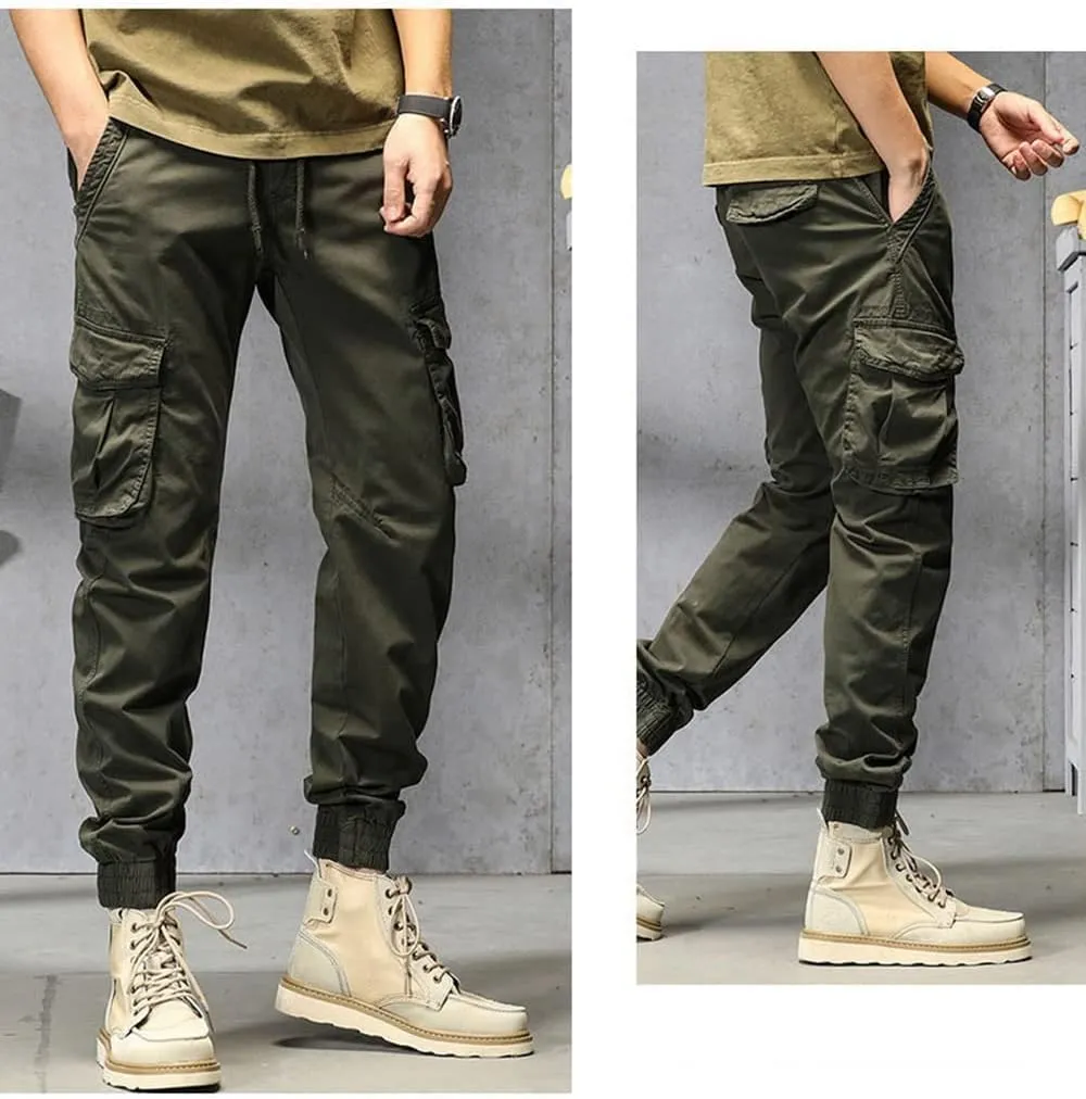 Depslee Men's Casual Cotton Relaxed Straight Cargo Pants,Multi-Pocket Light Outdoor Beam Foot Harem Pants with Drawstring