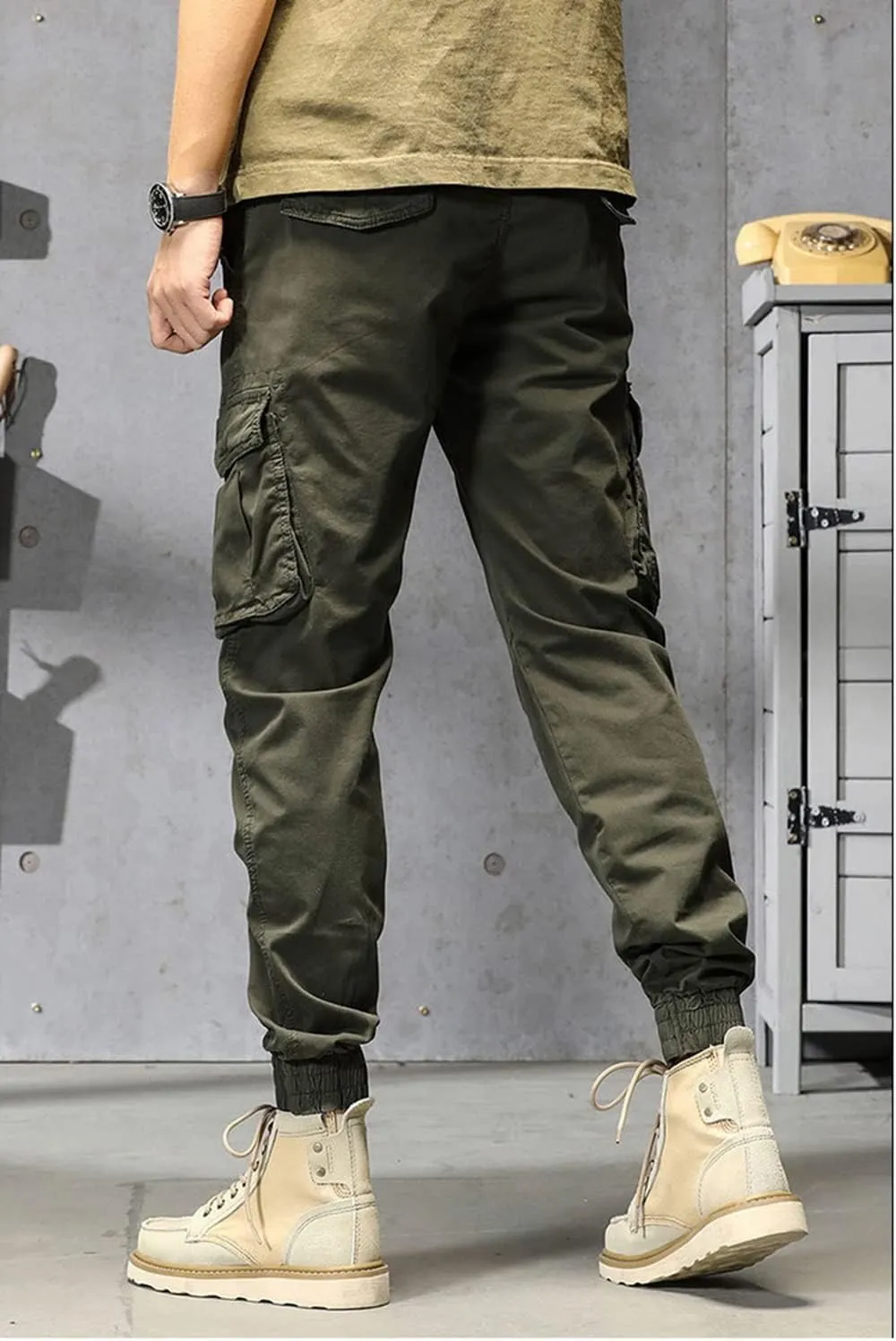 Depslee Men's Casual Cotton Relaxed Straight Cargo Pants,Multi-Pocket Light Outdoor Beam Foot Harem Pants with Drawstring