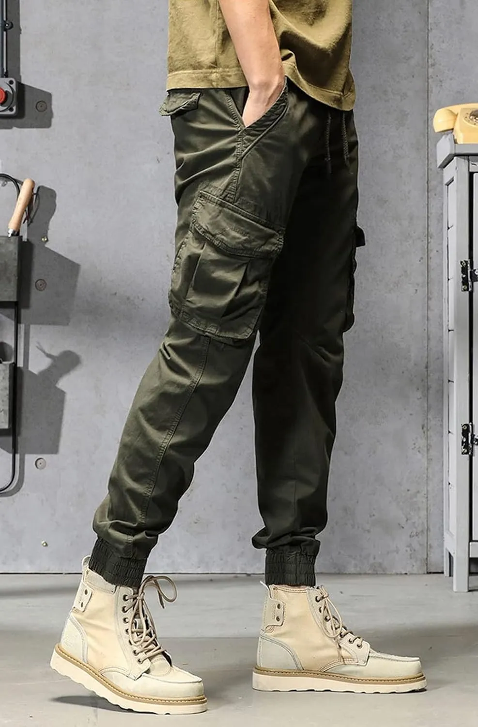 Depslee Men's Casual Cotton Relaxed Straight Cargo Pants,Multi-Pocket Light Outdoor Beam Foot Harem Pants with Drawstring