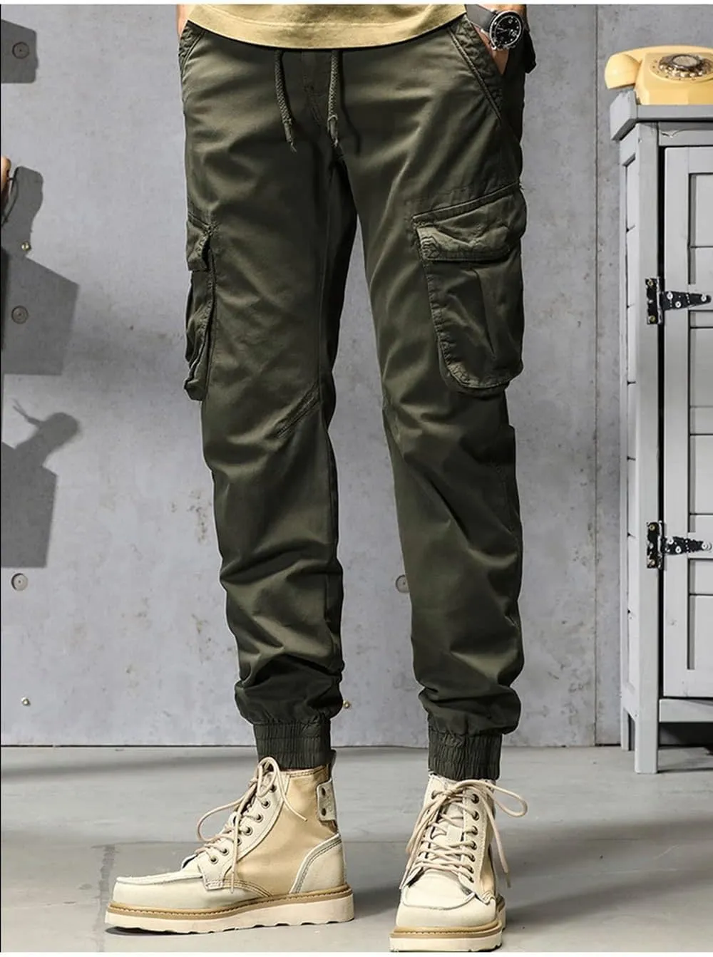 Depslee Men's Casual Cotton Relaxed Straight Cargo Pants,Multi-Pocket Light Outdoor Beam Foot Harem Pants with Drawstring