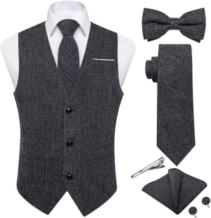 DiBanGu Mens Linen Suit Vest Casual Waistcoat and Necktie & Pre-tied Bowtie Set 6PCS Solid Color Dress Vest for Wedding Party