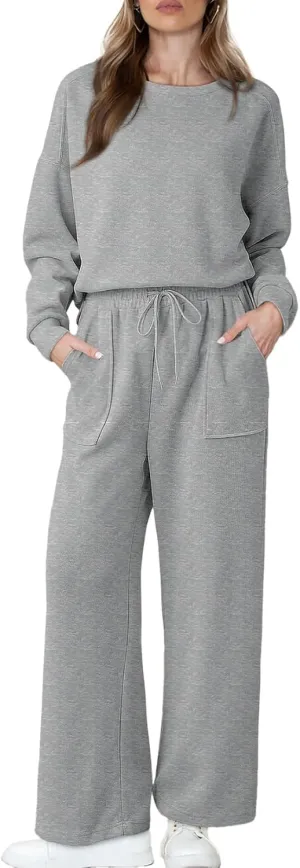 Dokotoo Women's Cotton 2 Piece Outfits Sweatsuit Casual Fall Long Sleeve Knit Tops And Pants Lounge Sets