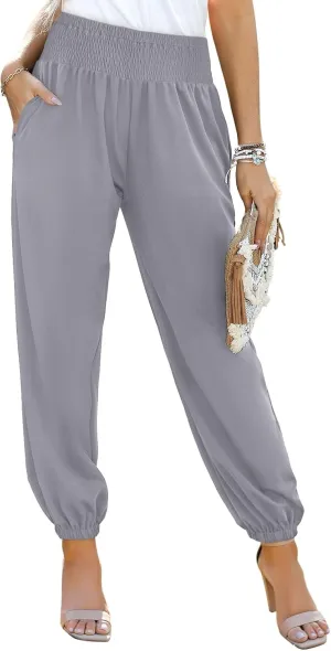 Dokotoo Womens High Waisted Pants Summer Casual Loose Wide Leg Palazzo Flowy Beach Trousers with Pockets