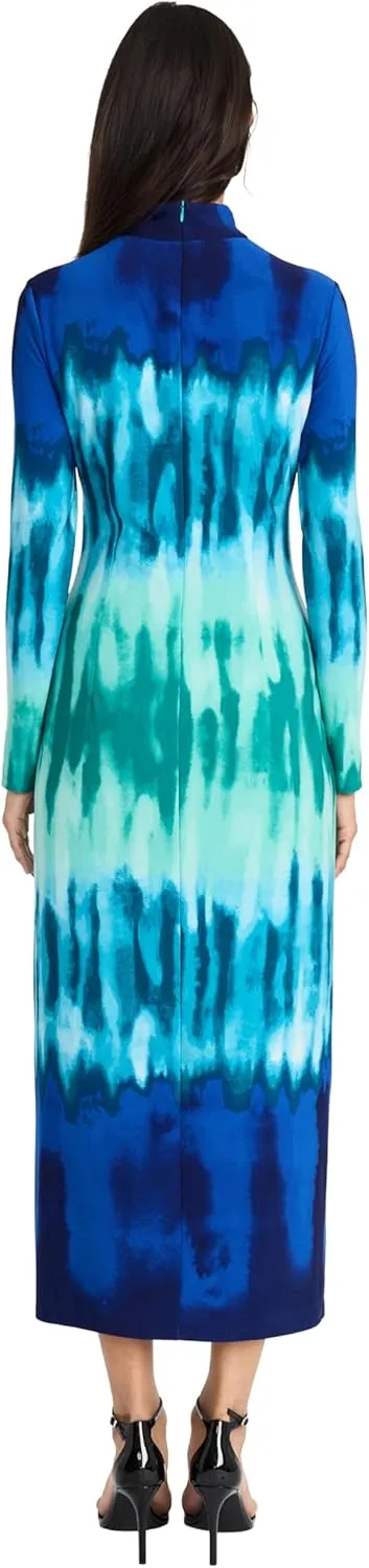 Donna Morgan Women's Tie-dye Maxi Long Sleeve High Mock Neck Fitted Silhouette-Versatile Formal Dresses
