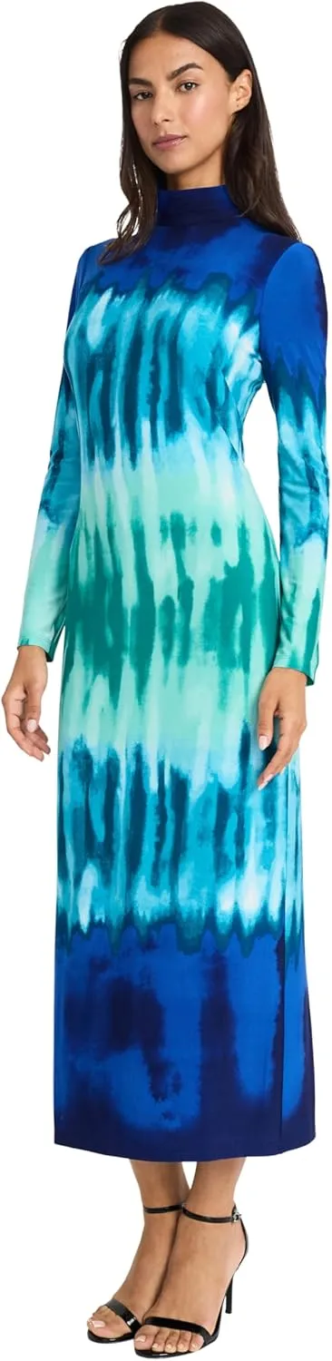 Donna Morgan Women's Tie-dye Maxi Long Sleeve High Mock Neck Fitted Silhouette-Versatile Formal Dresses