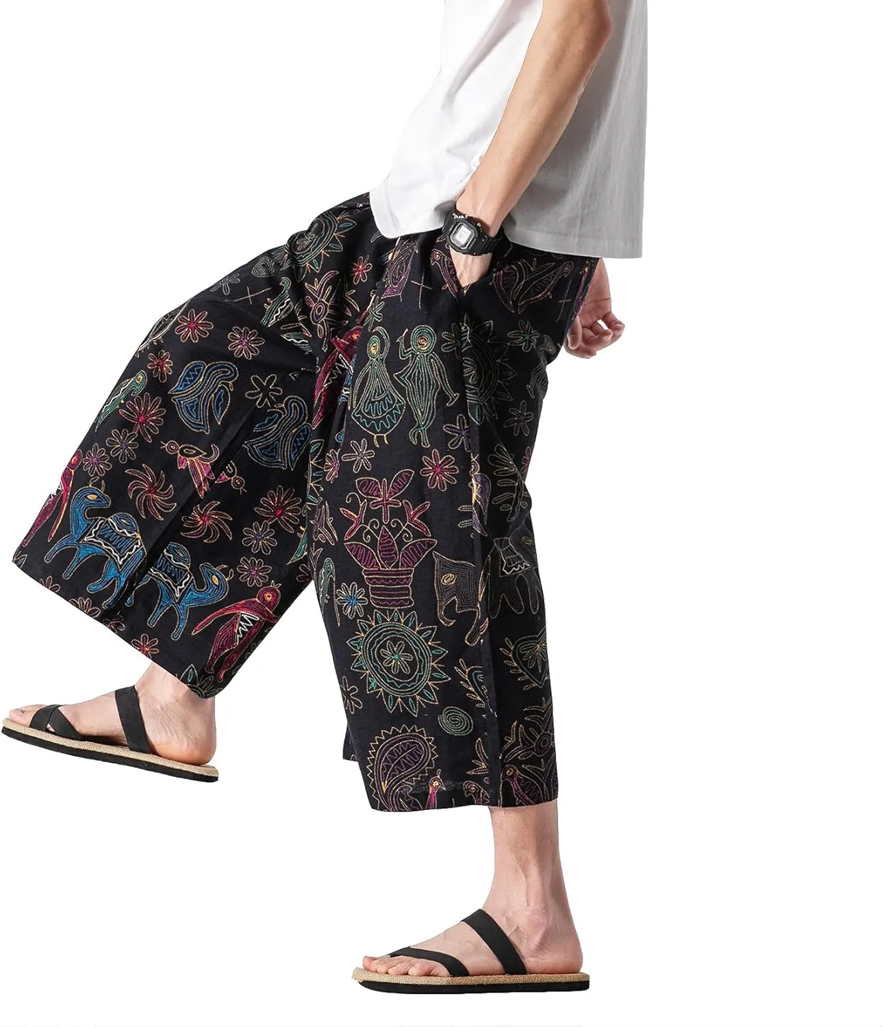 DOSLAVIDA Men's Linen Harem Capri Pants Loose Fit Yoga Beach Shorts Elastic Waist Wide Leg Baggy Cropped Trousers