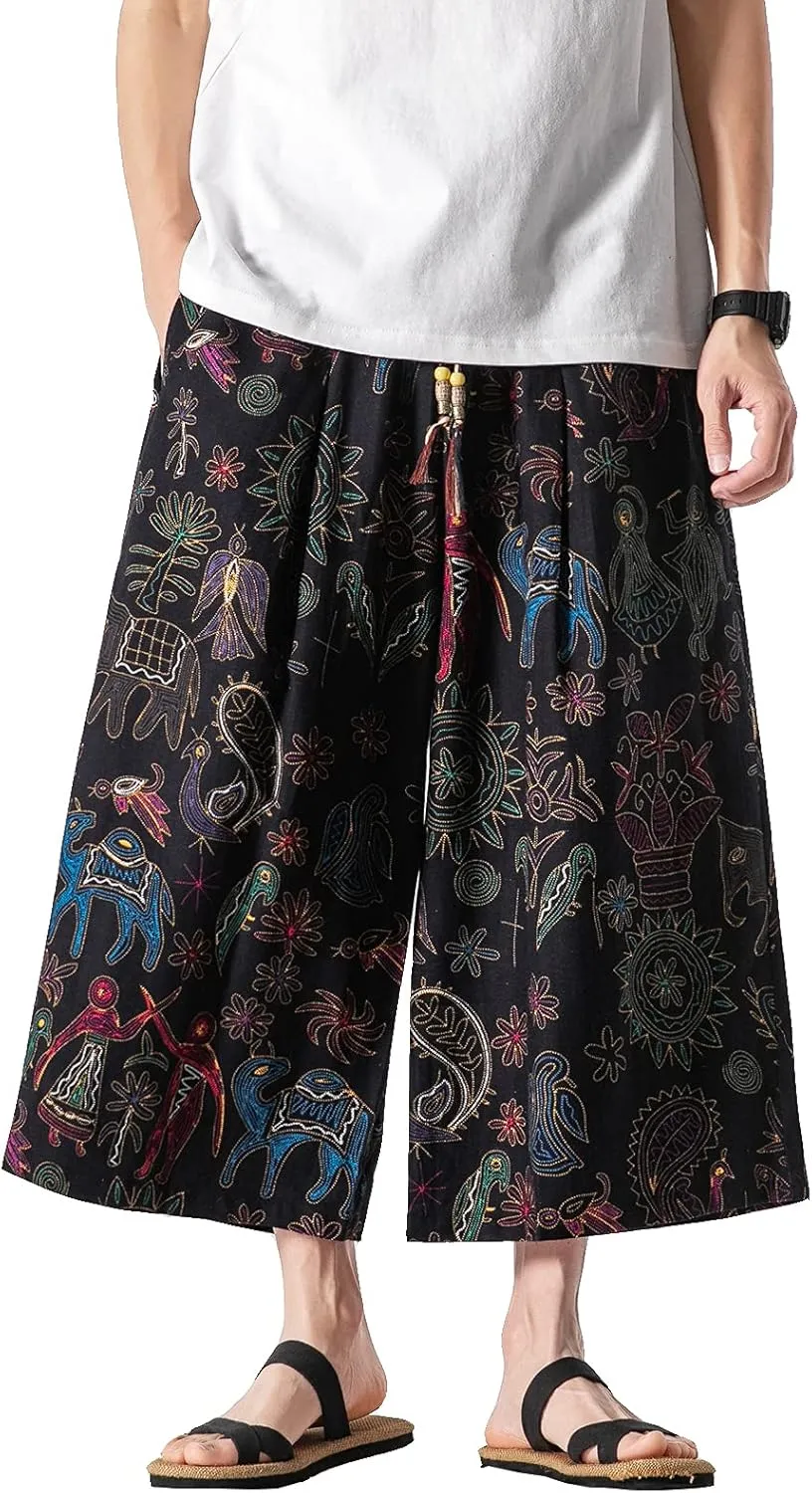 DOSLAVIDA Men's Linen Harem Capri Pants Loose Fit Yoga Beach Shorts Elastic Waist Wide Leg Baggy Cropped Trousers