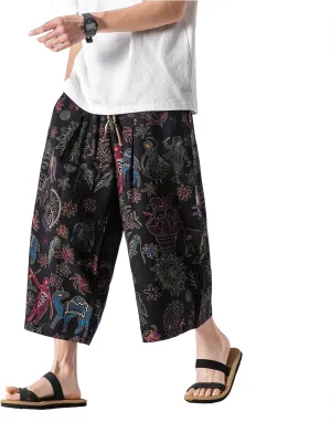 DOSLAVIDA Men's Linen Harem Capri Pants Loose Fit Yoga Beach Shorts Elastic Waist Wide Leg Baggy Cropped Trousers