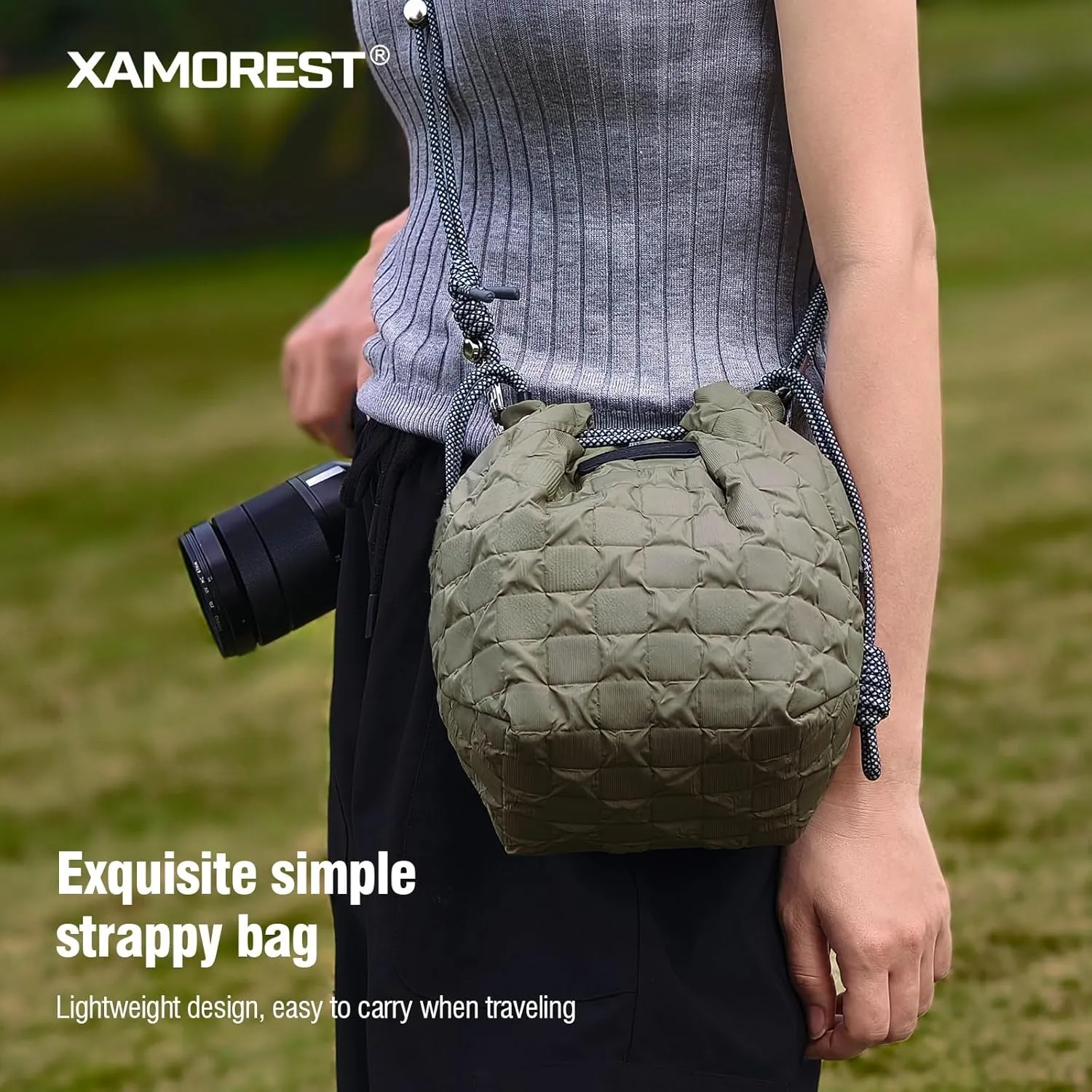 Drawstring Small Camera Bag, Soft Cute Camera Pouch Handbag compatible(white)