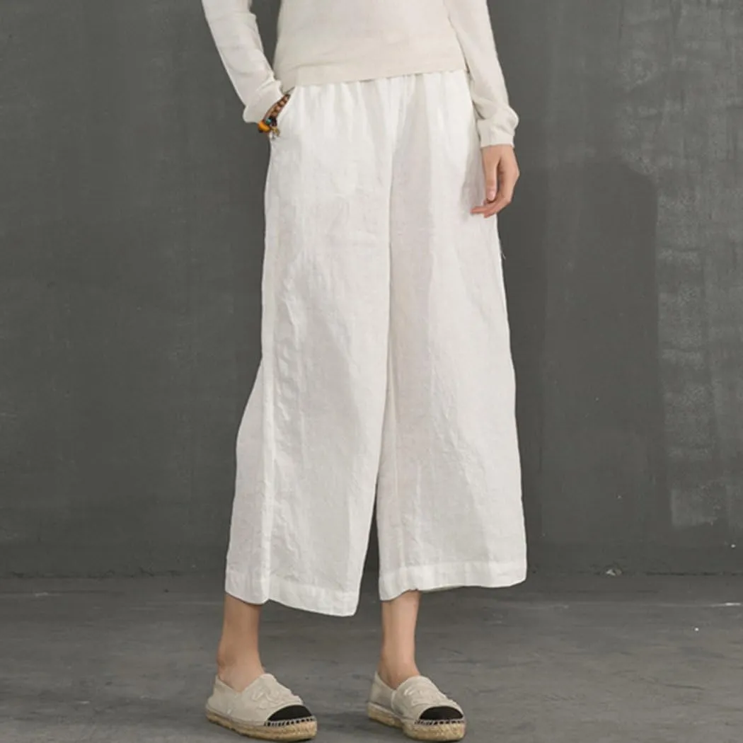 ECUPPER Womens Linen Cropped Pants Loose Casual Capri Cotton Wide Leg Plus Size Elastic Waist with Drawstring Trouses
