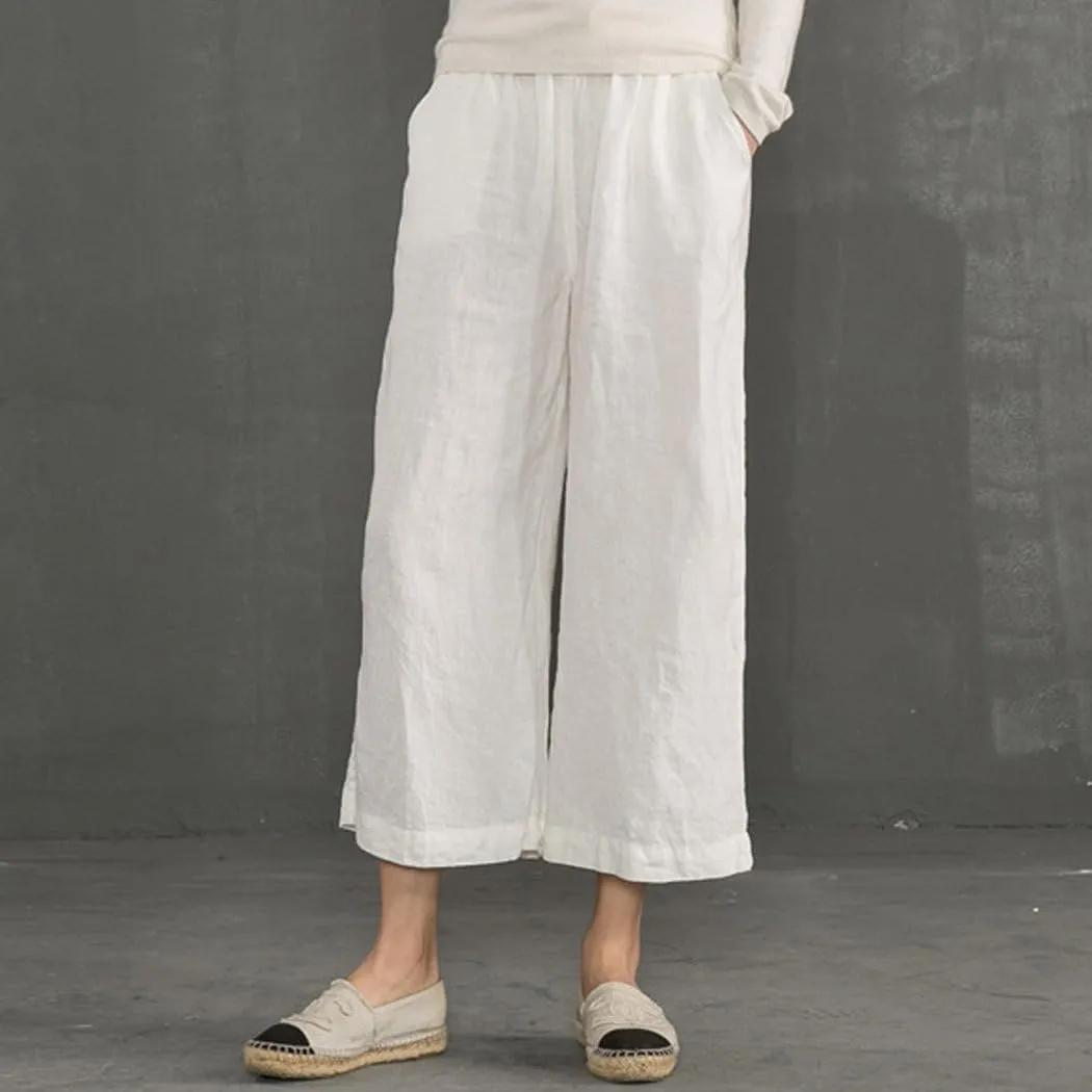 ECUPPER Womens Linen Cropped Pants Loose Casual Capri Cotton Wide Leg Plus Size Elastic Waist with Drawstring Trouses