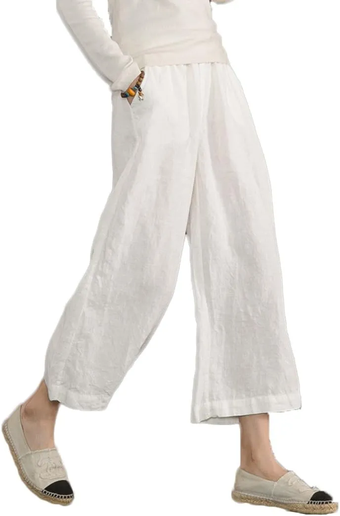 ECUPPER Womens Linen Cropped Pants Loose Casual Capri Cotton Wide Leg Plus Size Elastic Waist with Drawstring Trouses
