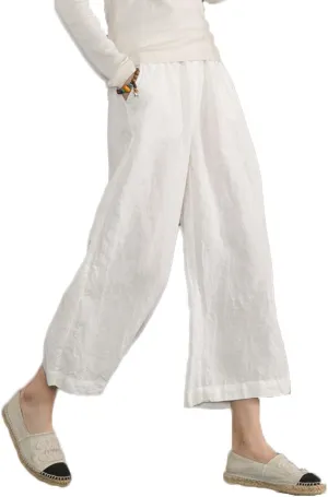 ECUPPER Womens Linen Cropped Pants Loose Casual Capri Cotton Wide Leg Plus Size Elastic Waist with Drawstring Trouses