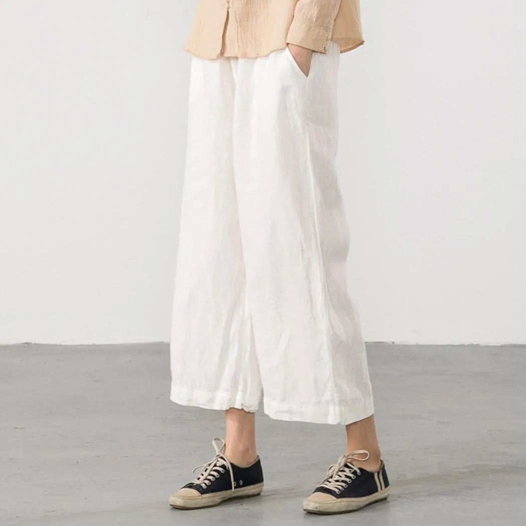 ECUPPER Womens Linen Cropped Pants Loose Casual Capri Cotton Wide Leg Plus Size Elastic Waist with Drawstring Trouses