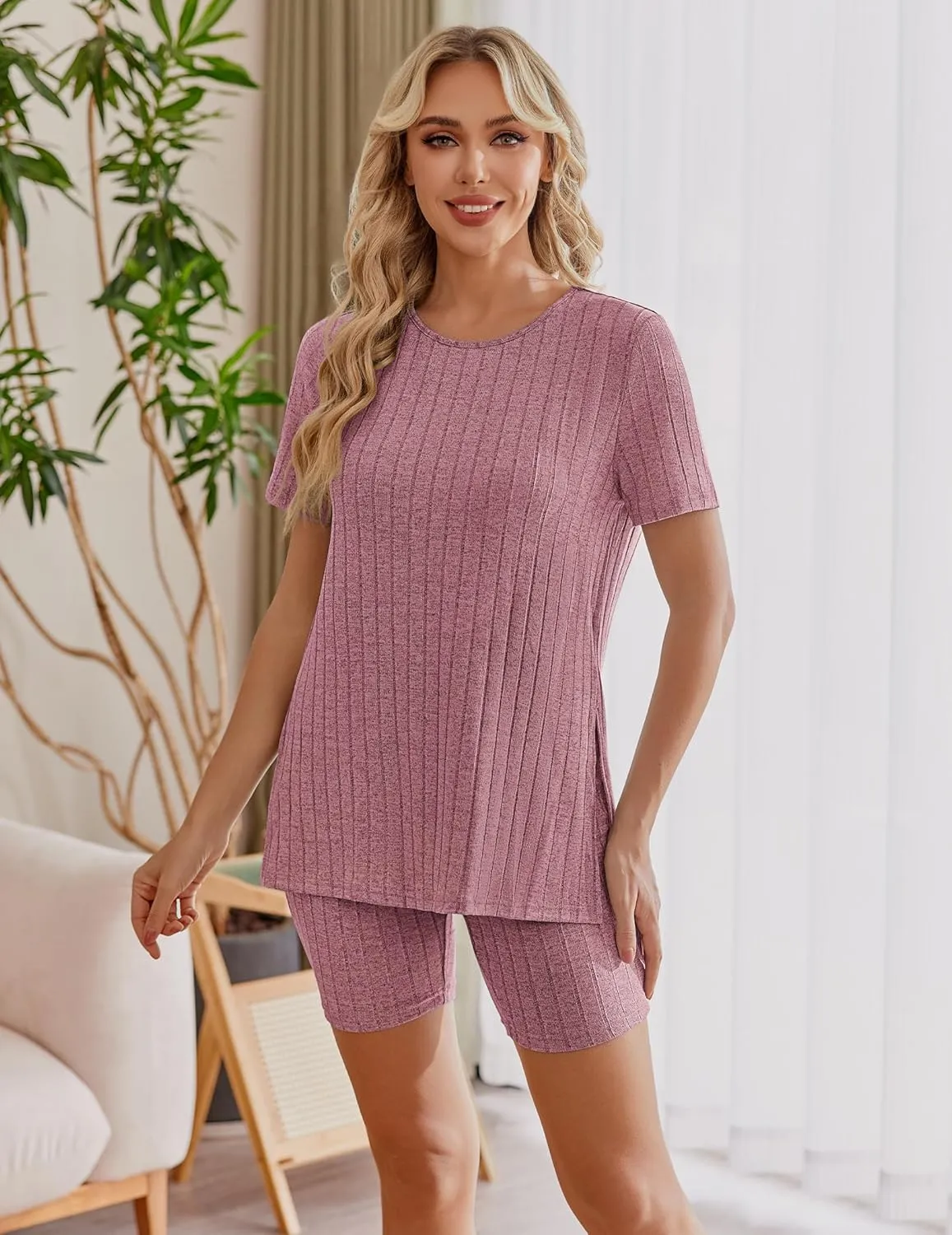 Ekouaer Maternity Sets 2 Piece Outfits Ribbed Knit Short Sleeve Shirts and Biker Shorts Pregnancy Loungewear Mama Clothes