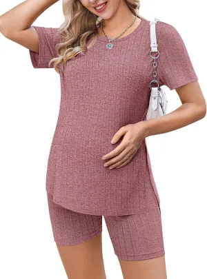 Ekouaer Maternity Sets 2 Piece Outfits Ribbed Knit Short Sleeve Shirts and Biker Shorts Pregnancy Loungewear Mama Clothes