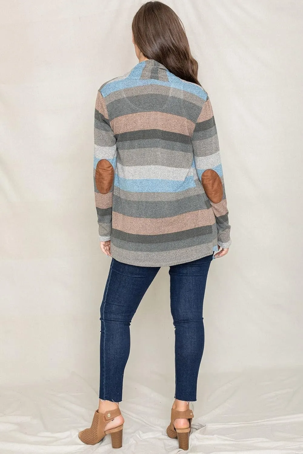 Eloges Women's Multi Stripe Soft Knit Open Cardigan with Suede Elbow Patch
