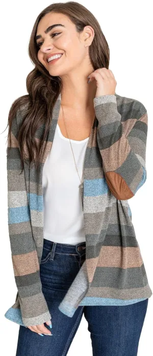 Eloges Women's Multi Stripe Soft Knit Open Cardigan with Suede Elbow Patch