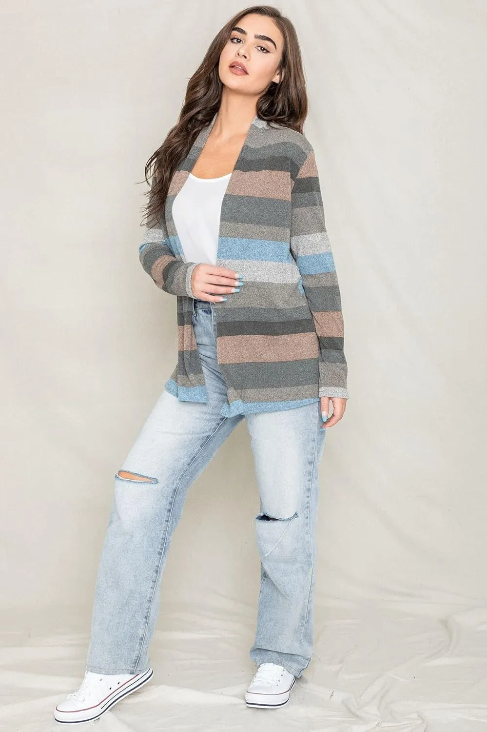Eloges Women's Multi Stripe Soft Knit Open Cardigan with Suede Elbow Patch