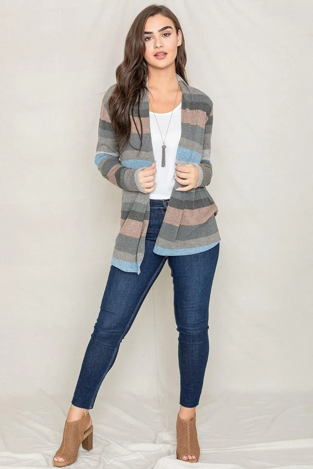 Eloges Women's Multi Stripe Soft Knit Open Cardigan with Suede Elbow Patch