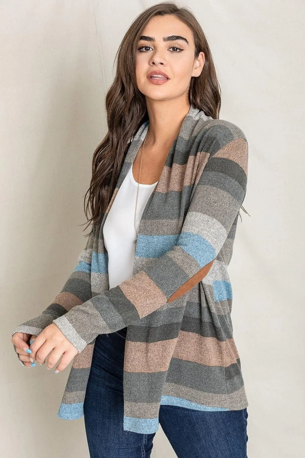 Eloges Women's Multi Stripe Soft Knit Open Cardigan with Suede Elbow Patch