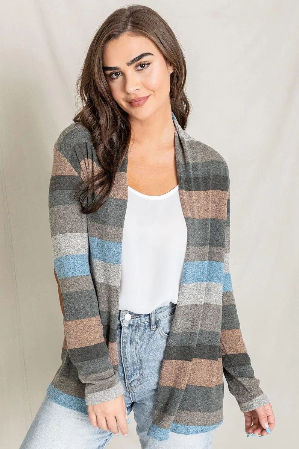 Eloges Women's Multi Stripe Soft Knit Open Cardigan with Suede Elbow Patch
