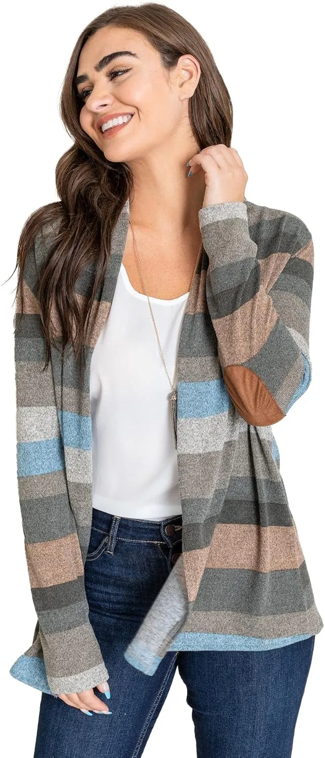 Eloges Women's Multi Stripe Soft Knit Open Cardigan with Suede Elbow Patch