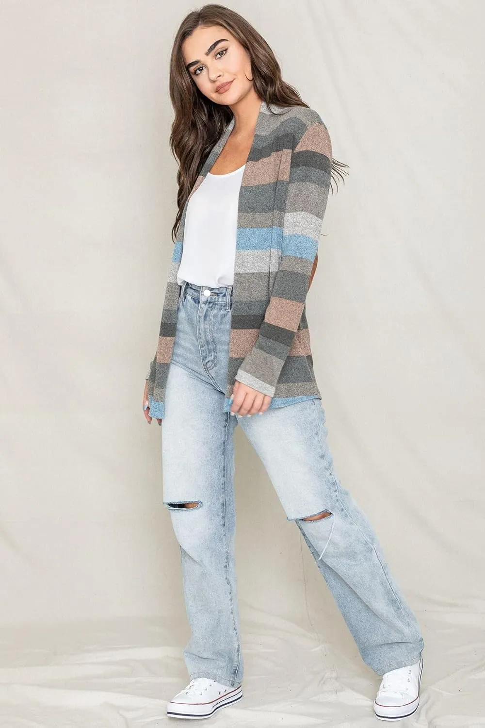 Eloges Women's Multi Stripe Soft Knit Open Cardigan with Suede Elbow Patch