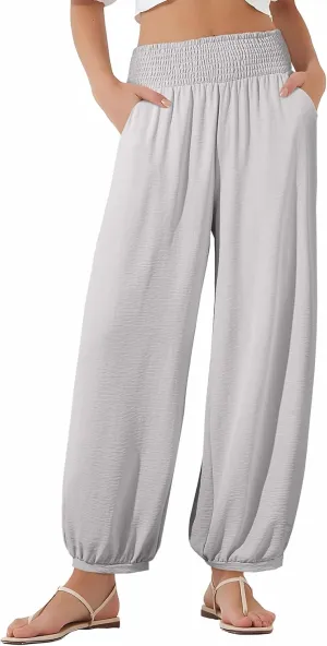 EVALESS Women's Wide Leg Baggy Pants Elastic High Waisted Casual Harem Pants Trousers with Pockets
