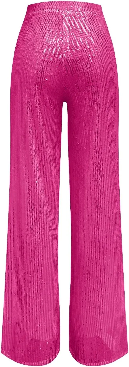 Fashion Sparkly Sequin Wide Leg Pants for Women Tummy Control High Waisted Palazzo Pants Long Trousers Glitter Party Clubwear