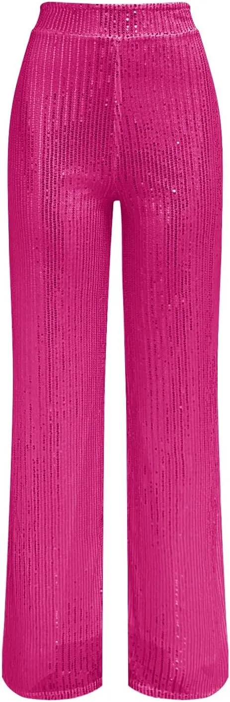 Fashion Sparkly Sequin Wide Leg Pants for Women Tummy Control High Waisted Palazzo Pants Long Trousers Glitter Party Clubwear