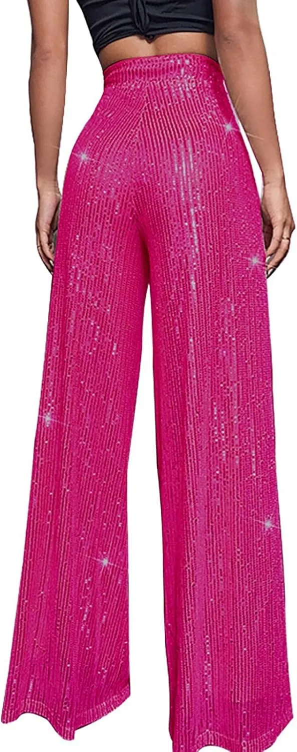 Fashion Sparkly Sequin Wide Leg Pants for Women Tummy Control High Waisted Palazzo Pants Long Trousers Glitter Party Clubwear