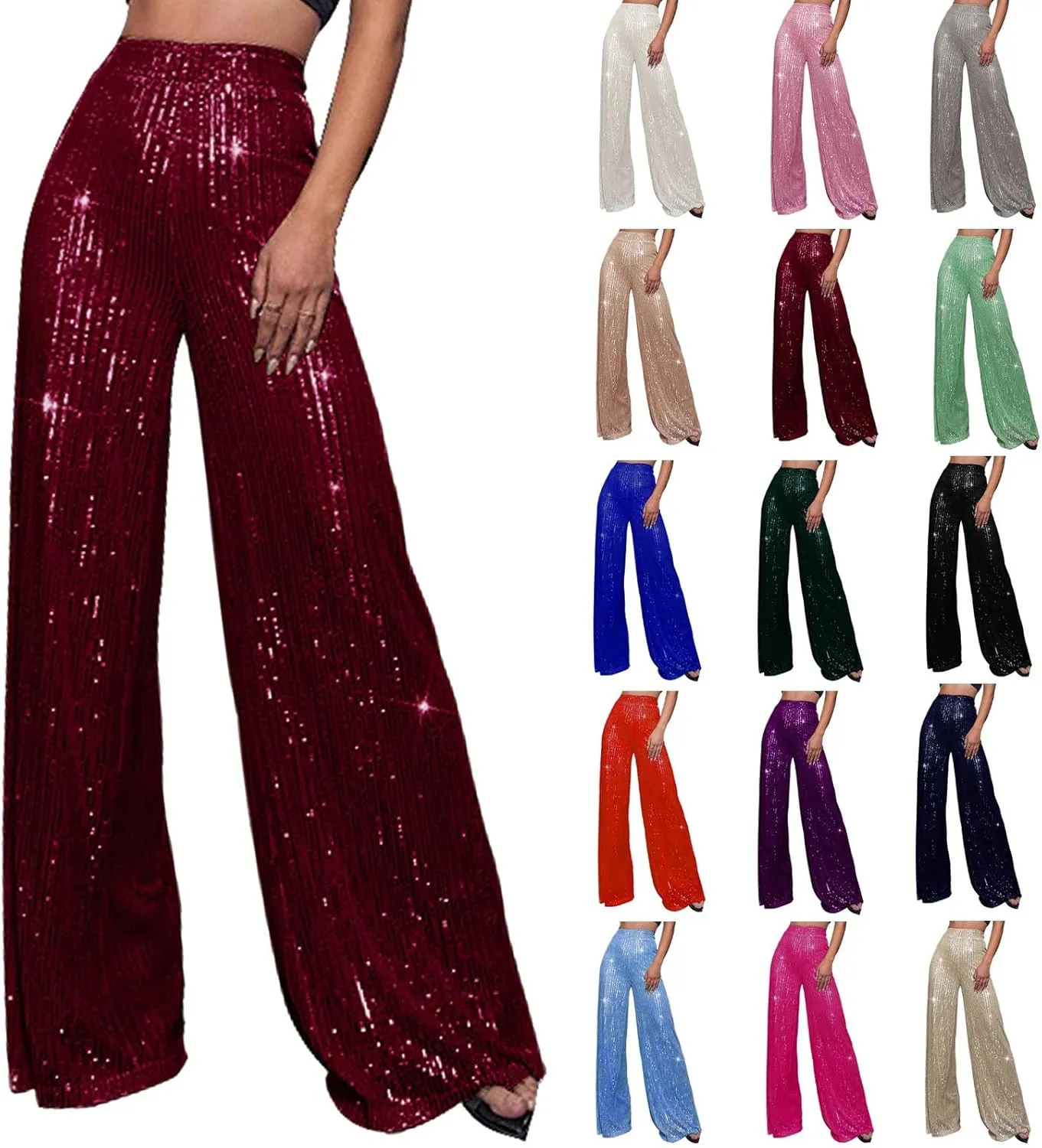 Fashion Sparkly Sequin Wide Leg Pants for Women Tummy Control High Waisted Palazzo Pants Long Trousers Glitter Party Clubwear