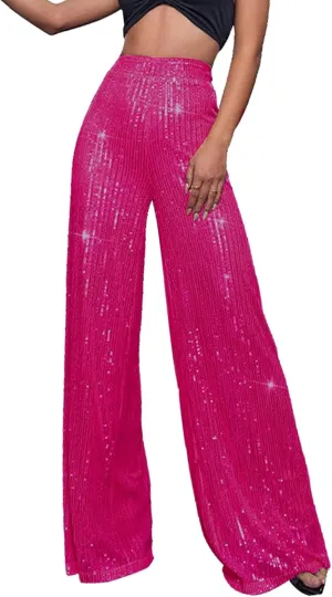 Fashion Sparkly Sequin Wide Leg Pants for Women Tummy Control High Waisted Palazzo Pants Long Trousers Glitter Party Clubwear