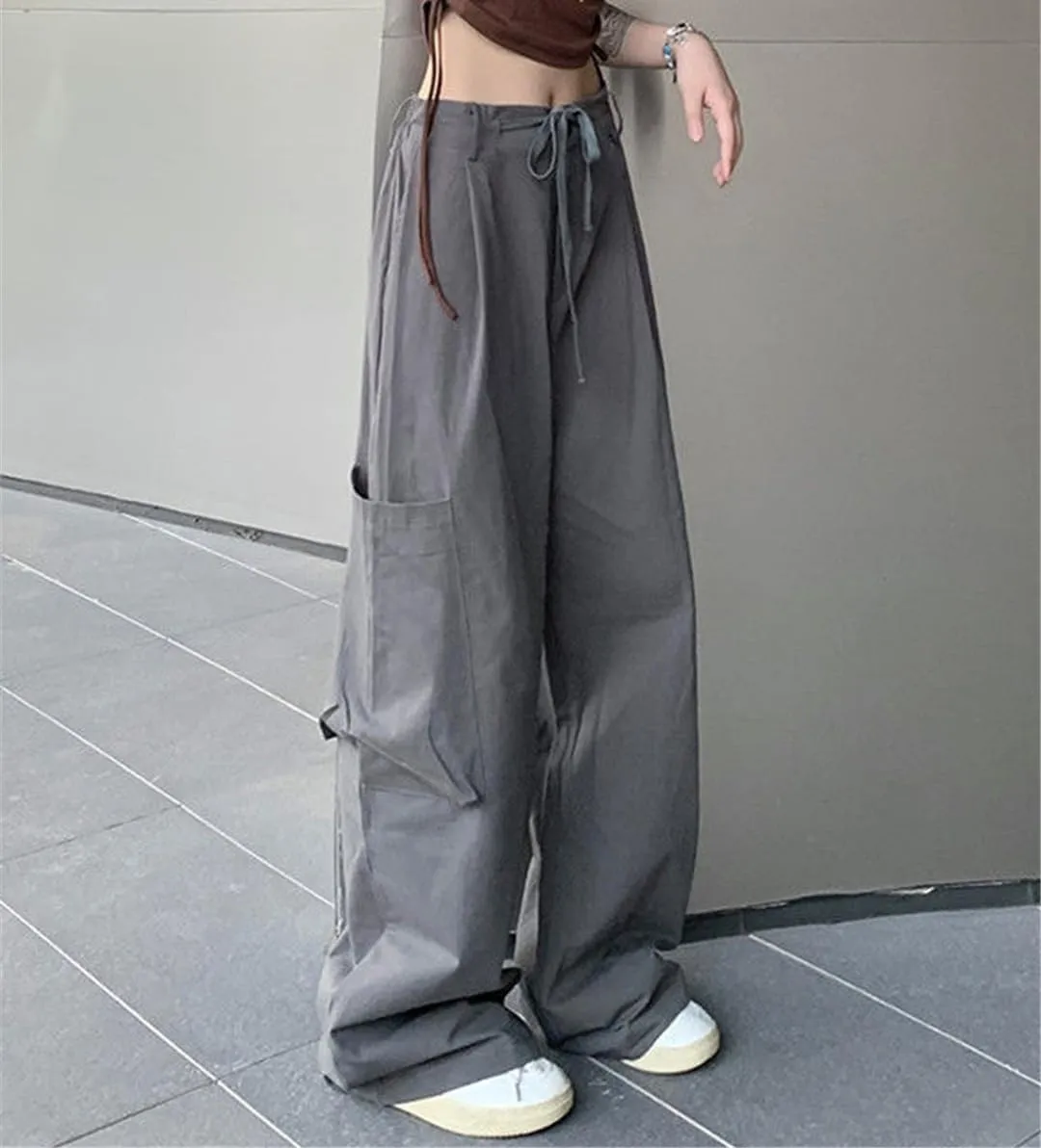 Fjnbbiot High Wasit Straight Cargo Pants Women High Street Slim Drawstring Wide Leg Pant Summer Casual Trousers