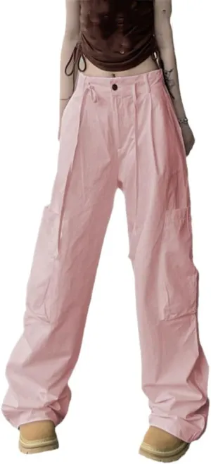 Fjnbbiot High Wasit Straight Cargo Pants Women High Street Slim Drawstring Wide Leg Pant Summer Casual Trousers