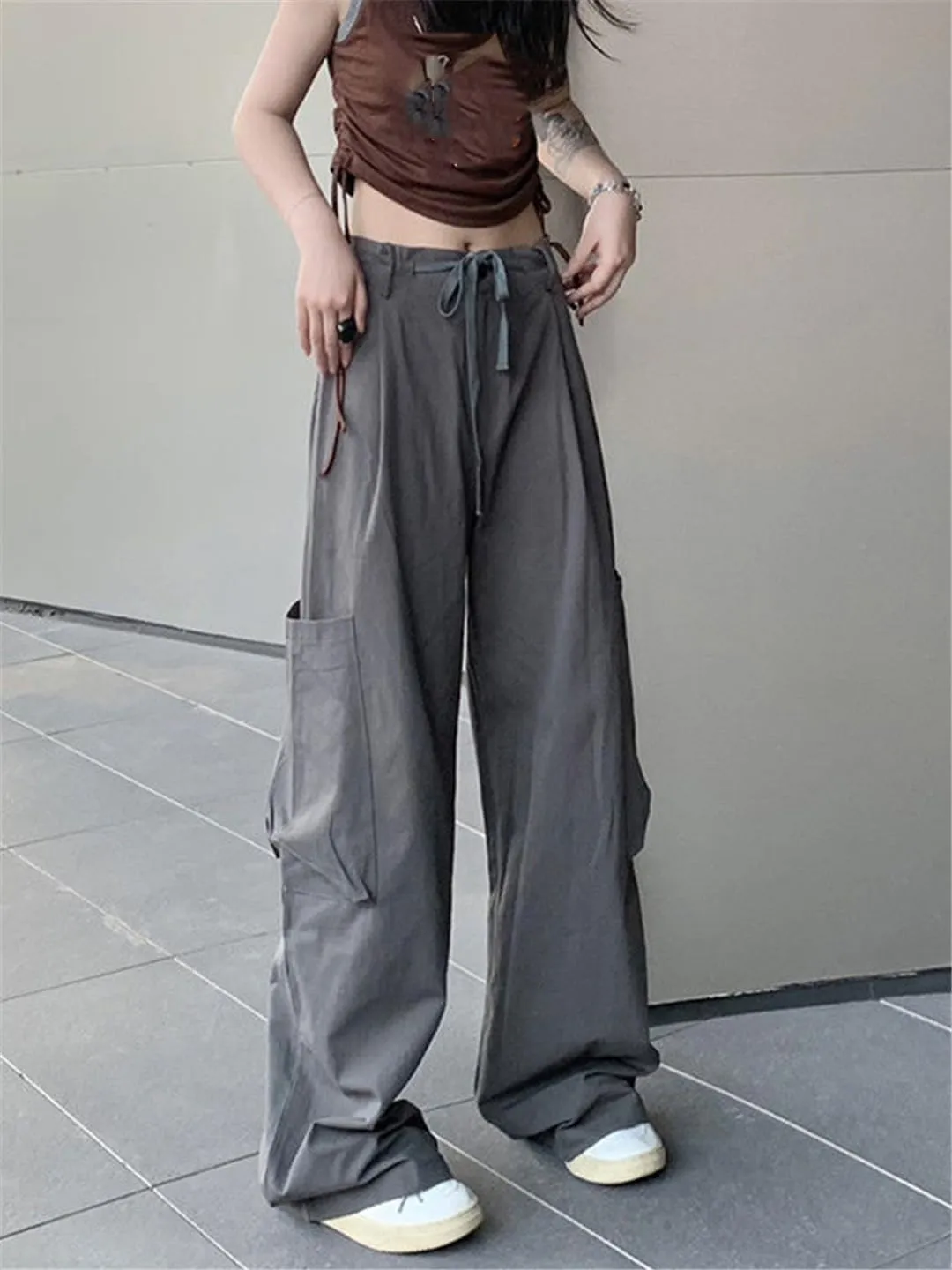 Fjnbbiot High Wasit Straight Cargo Pants Women High Street Slim Drawstring Wide Leg Pant Summer Casual Trousers