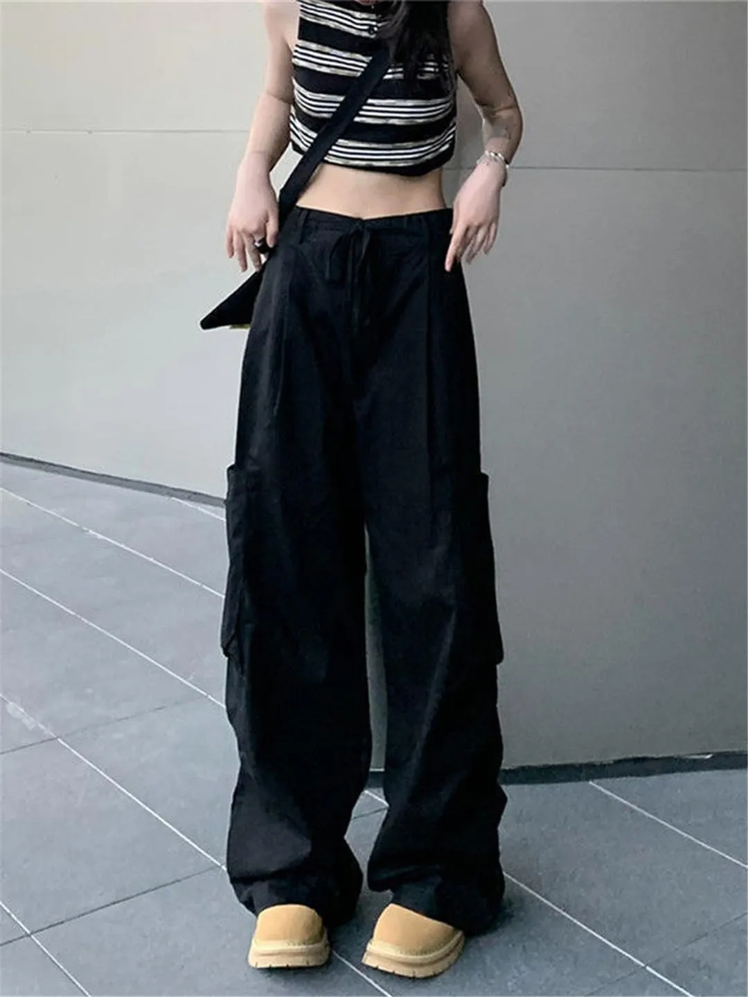 Fjnbbiot High Wasit Straight Cargo Pants Women High Street Slim Drawstring Wide Leg Pant Summer Casual Trousers