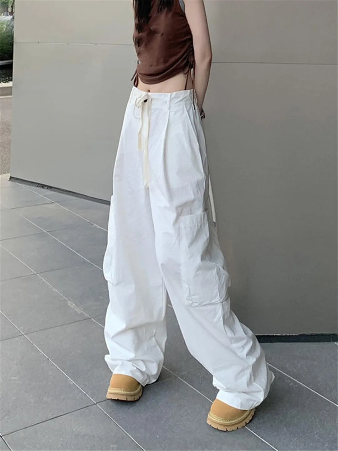 Fjnbbiot High Wasit Straight Cargo Pants Women High Street Slim Drawstring Wide Leg Pant Summer Casual Trousers