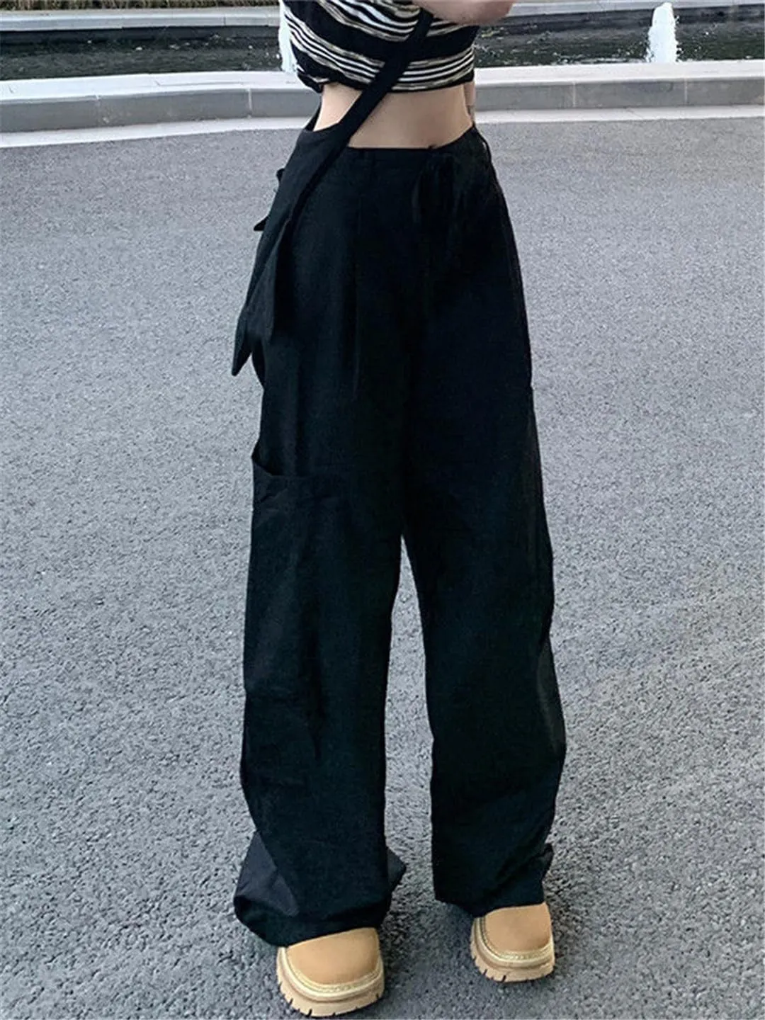 Fjnbbiot High Wasit Straight Cargo Pants Women High Street Slim Drawstring Wide Leg Pant Summer Casual Trousers