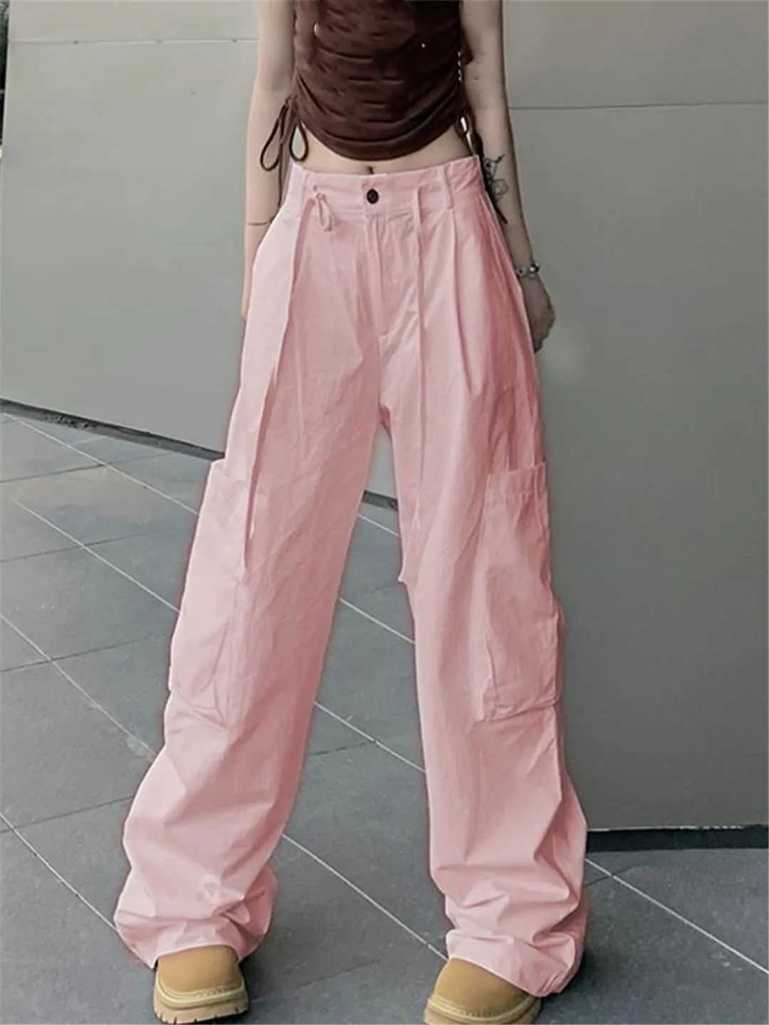 Fjnbbiot High Wasit Straight Cargo Pants Women High Street Slim Drawstring Wide Leg Pant Summer Casual Trousers