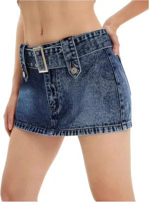 Floerns Women's Casual Buckled Belt Drop Waist Straight Denim Mini Skirt
