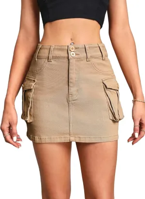 Floerns Women's Casual Buckled Belt Drop Waist Straight Denim Mini Skirt