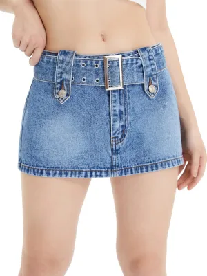 Floerns Women's Casual Buckled Belt Drop Waist Straight Denim Mini Skirt