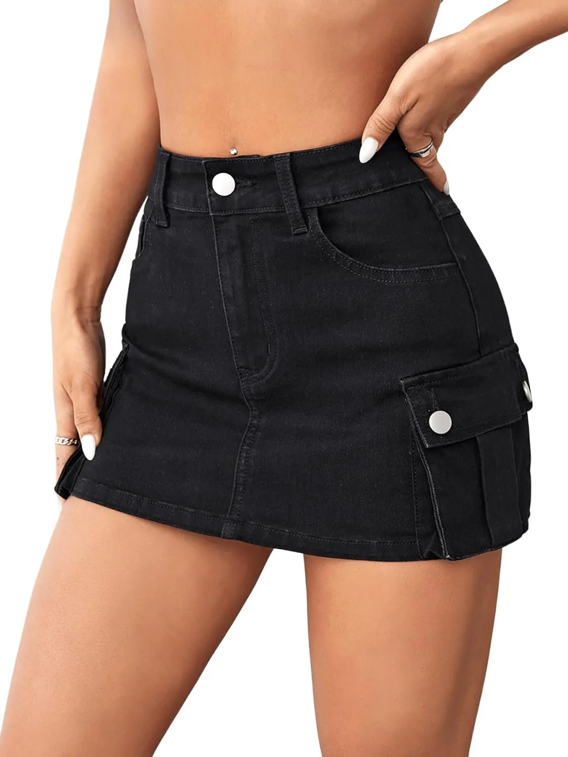 Floerns Women's Casual High Waist Flap Pocket Straight Cargo Denim Mini Skirt