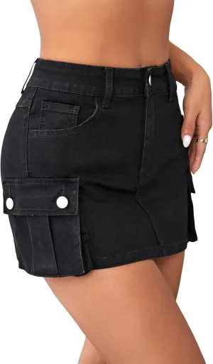 Floerns Women's Casual High Waist Flap Pocket Straight Cargo Denim Mini Skirt