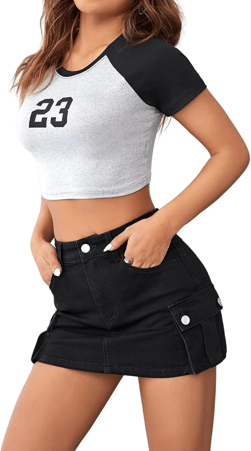Floerns Women's Casual High Waist Flap Pocket Straight Cargo Denim Mini Skirt