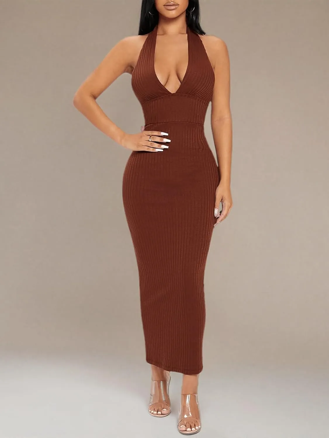 Floerns Women's Plunging Deep V Neck Backless Ribbed Knit Tie Back Bodycon Maxi Dress