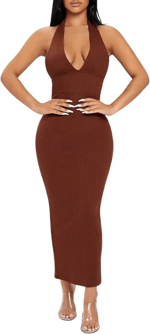 Floerns Women's Plunging Deep V Neck Backless Ribbed Knit Tie Back Bodycon Maxi Dress