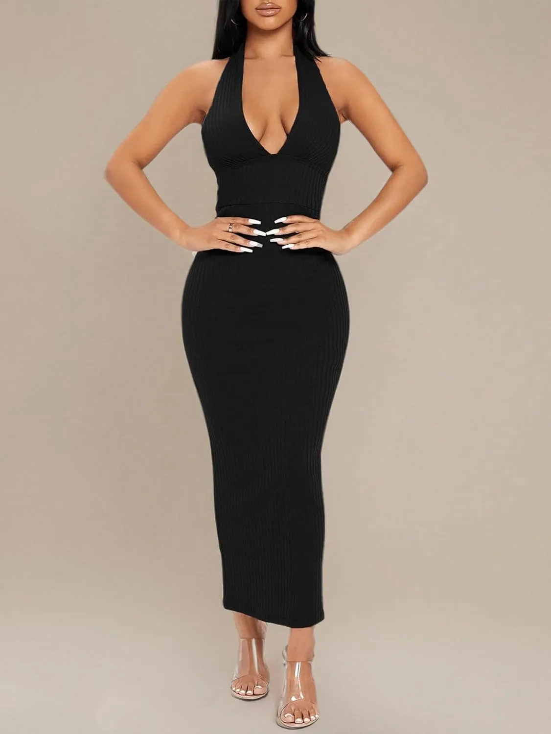 Floerns Women's Plunging Deep V Neck Backless Ribbed Knit Tie Back Bodycon Maxi Dress